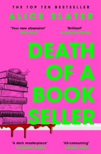 Cover of Death of a Book Seller - a bright pink background, stack of books on the left side with a snail on top, and bright green lettering.