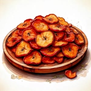 A watercolour image of a wooden platter of home made dried red-skinned apples.