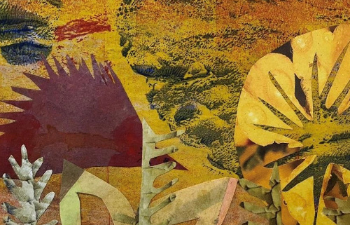 Collage of flowers in hues of yellows, oranges and reds.