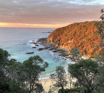 Photo graph of the Bermagui coast in the rosy light of dawn.