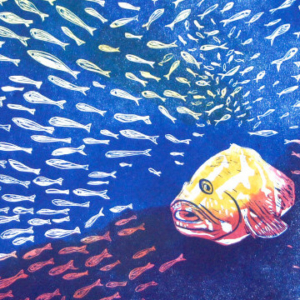 Artwork featuring a large puffer-type fish surrounded by a school of little fish.