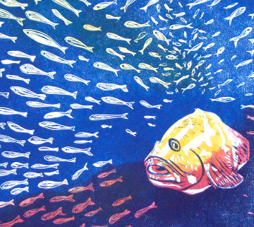 Artwork featuring a large puffer-type fish surrounded by a school of little fish.