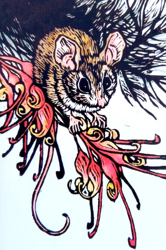 A possum climbing down a branch into a red flower.