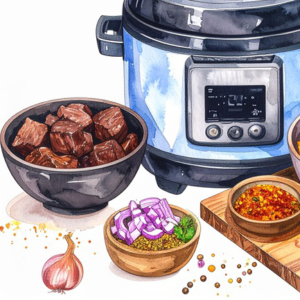 Watercolour image of a slow cooker and ingredients including beef, tomatoes and onion
