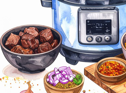 Watercolour image of a slow cooker and ingredients including beef, tomatoes and onion