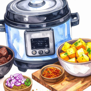 Watercolour image of slow cooker with ingredients including potatoes, onions, tomatoes and beef.