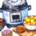 Watercolour image of slow cooker with ingredients including potatoes, onions, tomatoes and beef.