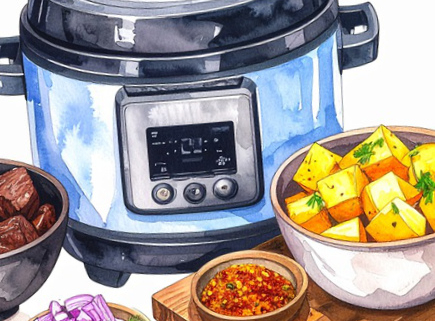 Watercolour image of slow cooker with ingredients including potatoes, onions, tomatoes and beef.