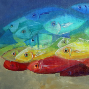 Painting of a school of fish in reds, yellows, greens, aquas and blues.