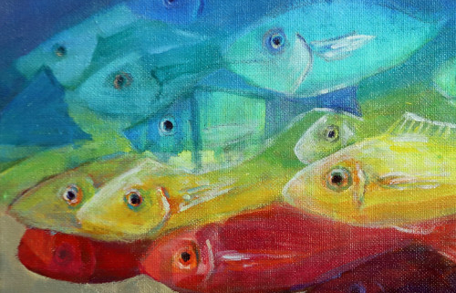 Painting of a school of fish in reds, yellows, greens, aquas and blues.