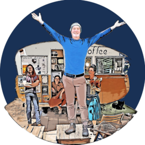 Watercolour of man on a table, arms outflung in front of an old-style caravan converted to a coffee van