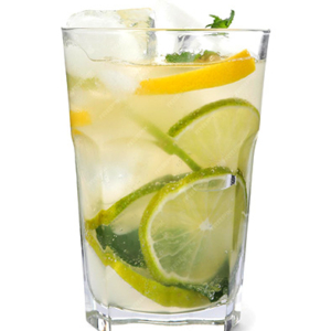 A glass filled with clear liquid and slices of lemon and lime