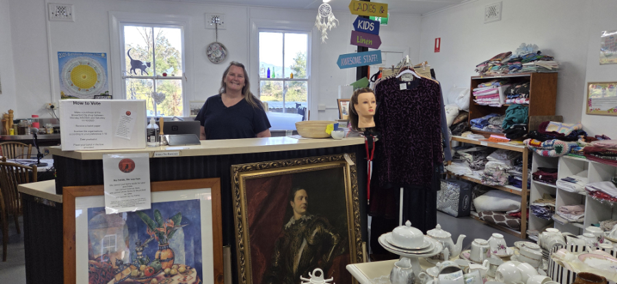 Woman at the counter of an op shop with lots of items for sale in front of her