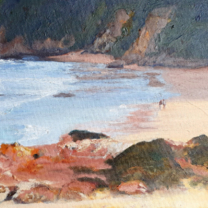 Oil painting of a beach with rock cliffs in the background