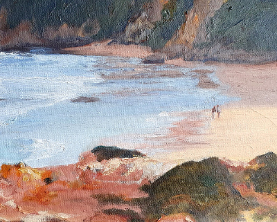Oil painting of a beach with rock cliffs in the background
