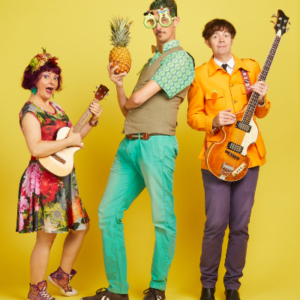 Three performers in colour costumes