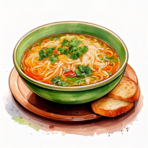 Bowl of noodle soup with two slices of bread
