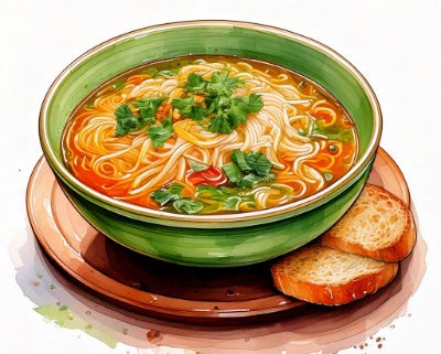 Bowl of noodle soup with two slices of bread