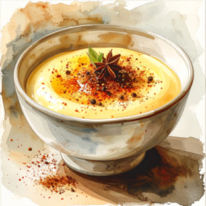 Bowl of custard with nutmeg and star anise on top.