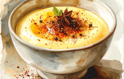 Bowl of custard with nutmeg and star anise on top.