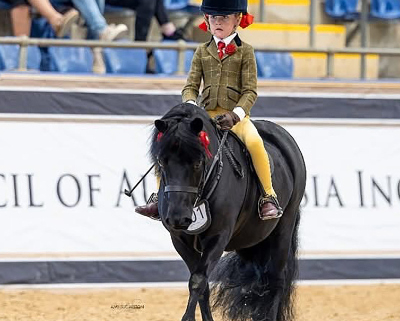 Person riding a pony in competition