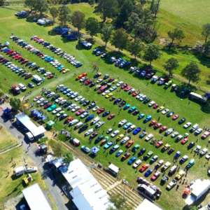 An aerial shot of more than 100 classic cars