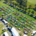 An aerial shot of more than 100 classic cars