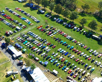 An aerial shot of more than 100 classic cars