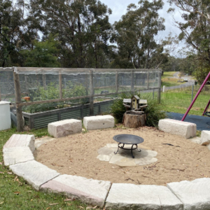 Circle of cushions around a fire pit