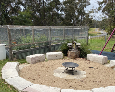 Circle of cushions around a fire pit