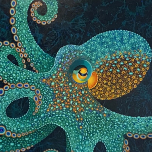 An artwork featuring a turquoise octopus.
