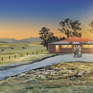 Painting of a petrol station in the rural landscape.