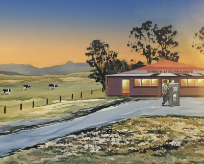 Painting of a petrol station in the rural landscape.