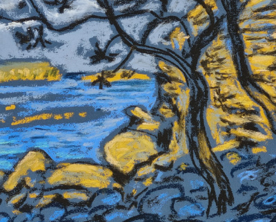 Pastel painting of shoreline with trees overhanging.