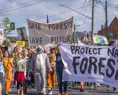 Protect Our Forests marchers in costumes