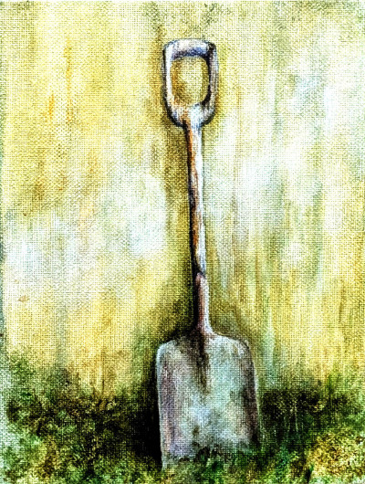 Painting of a shovel leaning against a wall.