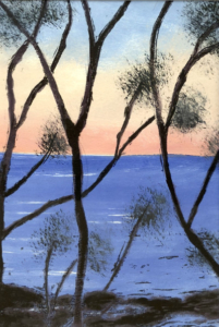 Artwork of sea at dawn or dusk.