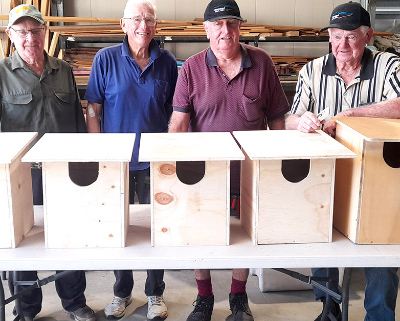 Four men standing behind possum boxes.