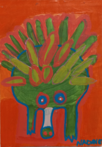 Echidna in green on red background