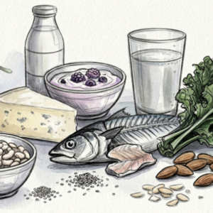 Cheese, fish, greens, almonds, and bowl of yogurt