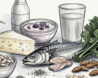 Cheese, fish, greens, almonds, and bowl of yogurt