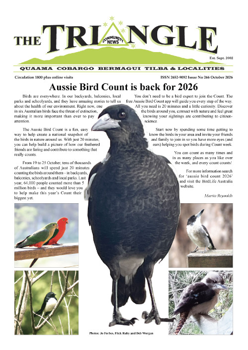 Oct26-th-500 Front cover of the October 2026 edition of The Triangle featuring a large image of a magpie